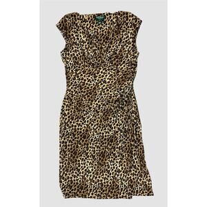 Lauren Ralph Lauren Brown Leopard Animal Print Dress Jersey Sheath Ruched Size 8